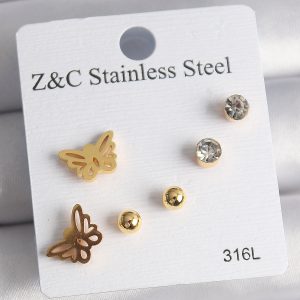 316L Çelik Gold Renk Zirkon Taşlı Kelebek Figür Kadın Küpe Seti