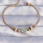 316L Çelik Gold Renk Zirkon Taşlı Nazarlı Çiçek Tasarımlı Bileklik