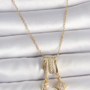 316L Çelik Gold Renk Zirkon Taşlı Sallantı Ay Yıldız Figür Charm Kadın Kolye