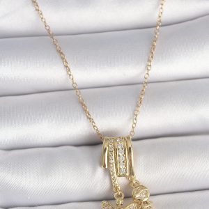 316L Çelik Gold Renk Zirkon Taşlı Sallantı Melek Figür Charm Kadın Kolye