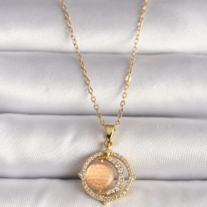 316L Çelik Gold Renk Zirkon Taşlı Turuncu Sedefli Hilal Model Kadın Kolye