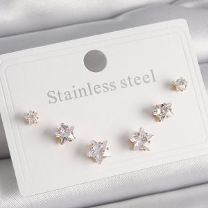 316L Çelik Gold Renk Zirkon Taşlı Yıldız Model Kadın Küpe Seti