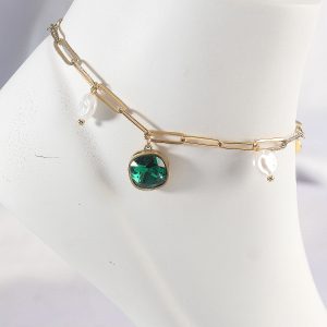 316L Çelik Gold Renk Zümrüt Taş Tasarımlı Halhal