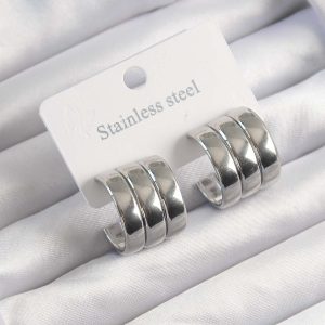 316L Çelik Gümüş Renk 3lü Görünüm Bombe Model Yarım Halka Küpe