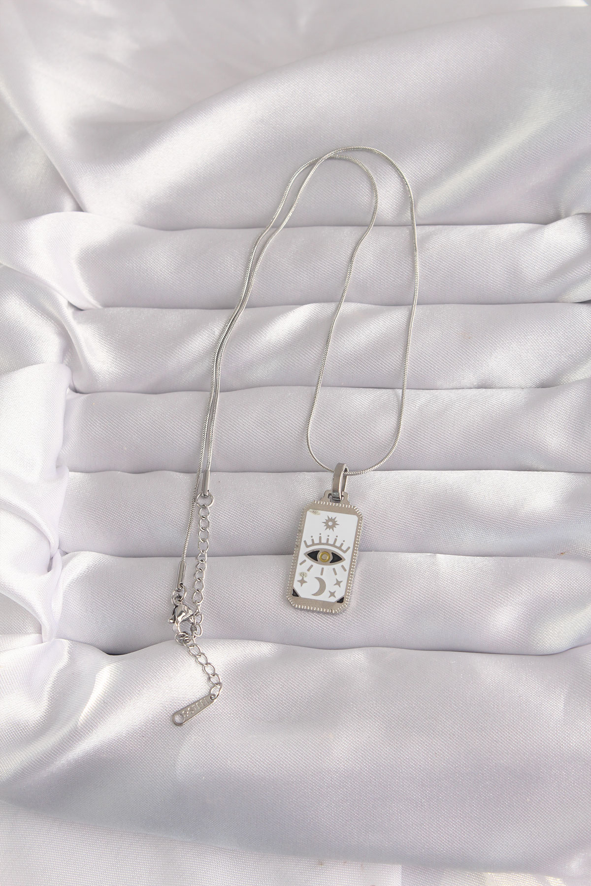 316L Çelik Gümüş Renk Beyaz Mineli Göz Figür Tarot Kolye