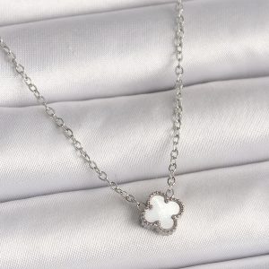 316L Çelik Gümüş Renk Beyaz Yonca Model Kadın Kolye