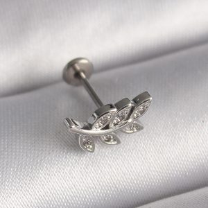316L Çelik Gümüş Renk Dal Model Zirkon Taş Detaylı Tragus Piercing