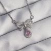 316L Çelik Gümüş Renk Fiyonk Detay Pembe Zirkon Taşlı Damla Kolye