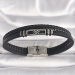 316L Çelik Gümüş Renk Gemi Dümeni Figür Siyah Burgu Deri Kordon Model Erkek Bileklik