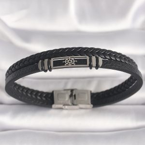 316L Çelik Gümüş Renk Gemi Dümeni Figür Siyah Burgu Deri Kordon Model Erkek Bileklik