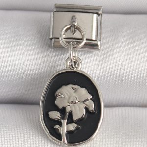 316L Çelik Gümüş Renk Gümüş Çiçek İşlemeli Siyah Portre Model Nomination Charm