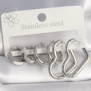 316L Çelik Gümüş Renk Halka Kalp Model Kadın Küpe Seti