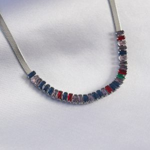 316L Çelik Gümüş Renk İtalyan Zincir Model Renkli Zirkon Taşlı Kadın Kolye