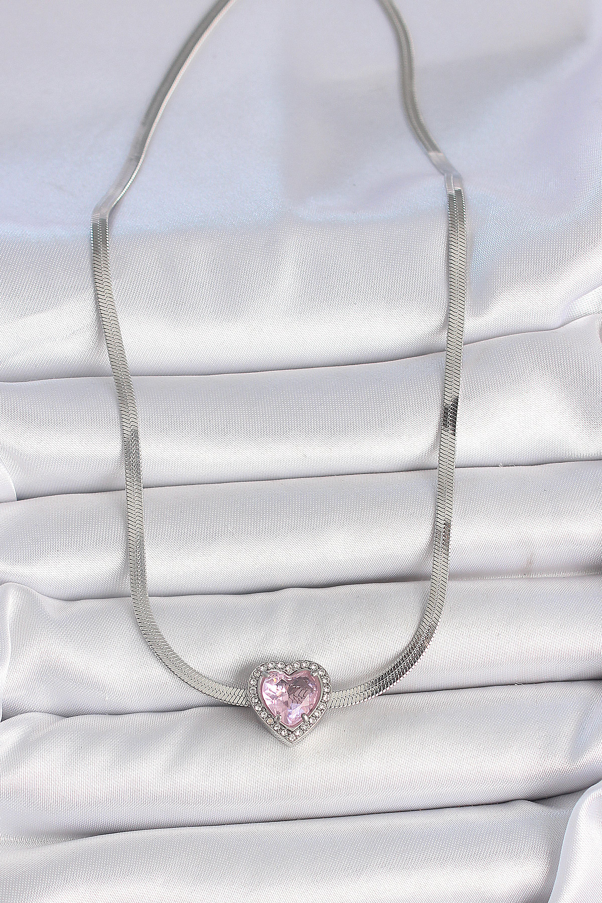 316L Çelik Gümüş Renk İtalyan Zincir Pembe Zirkon Taşlı Kalp Model Kadın Kolye