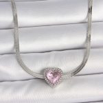 316L Çelik Gümüş Renk İtalyan Zincir Pembe Zirkon Taşlı Kalp Model Kadın Kolye
