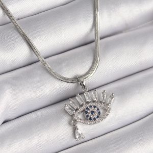 316L Çelik Gümüş Renk İtalyan Zincir Zirkon Taşlı Göz Model Kadın Kolye