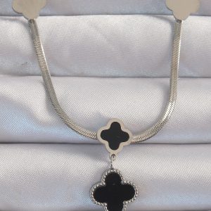 316L Çelik Gümüş Renk İtalyan Zincirli Mineli Yonca Kolye