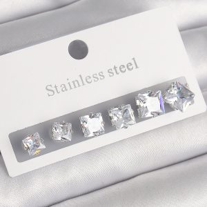 316L Çelik Gümüş Renk Kare Zirkon Taşlı Kadın Küpe Seti