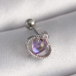 316L Çelik Gümüş Renk Mor Mineli Kalp Zirkon Taş Detay Tragus Piercing
