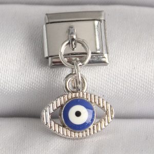 316L Çelik Gümüş Renk Nazar Boncuk Detaylı Göz Model Nomination Charm