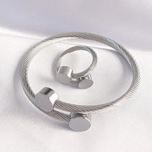 316L Çelik Gümüş Renk Oval Aksesuarlı Burgu Model Bileklik ve Yüzük Kombini