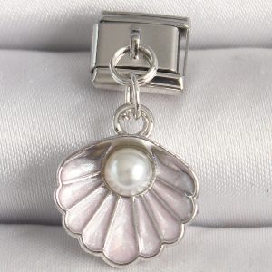 316L Çelik Gümüş Renk Pembe Deniz Kabuğu Model İnci Detay Nomination Charm