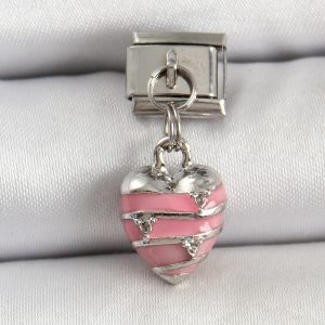 316L Çelik Gümüş Renk Pembe Kalp Model Nomination Charm