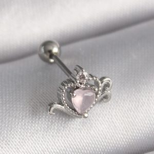 316L Çelik Gümüş Renk Pembe Mineli Kalp Zirkon Taş Detay Tragus Piercing