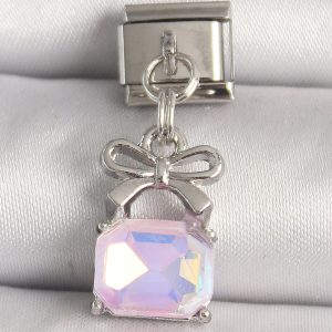 316L Çelik Gümüş Renk Pembe Zirkon Taşlı Çanta Model Nomination Charm