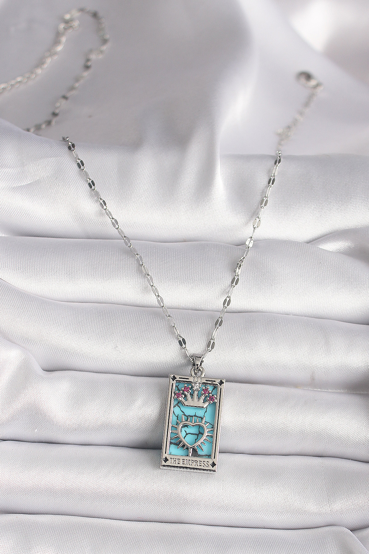 316L Çelik Gümüş Renk Pembe Zirkon Taşlı Taç Kalp Portre Model Kadın Kole