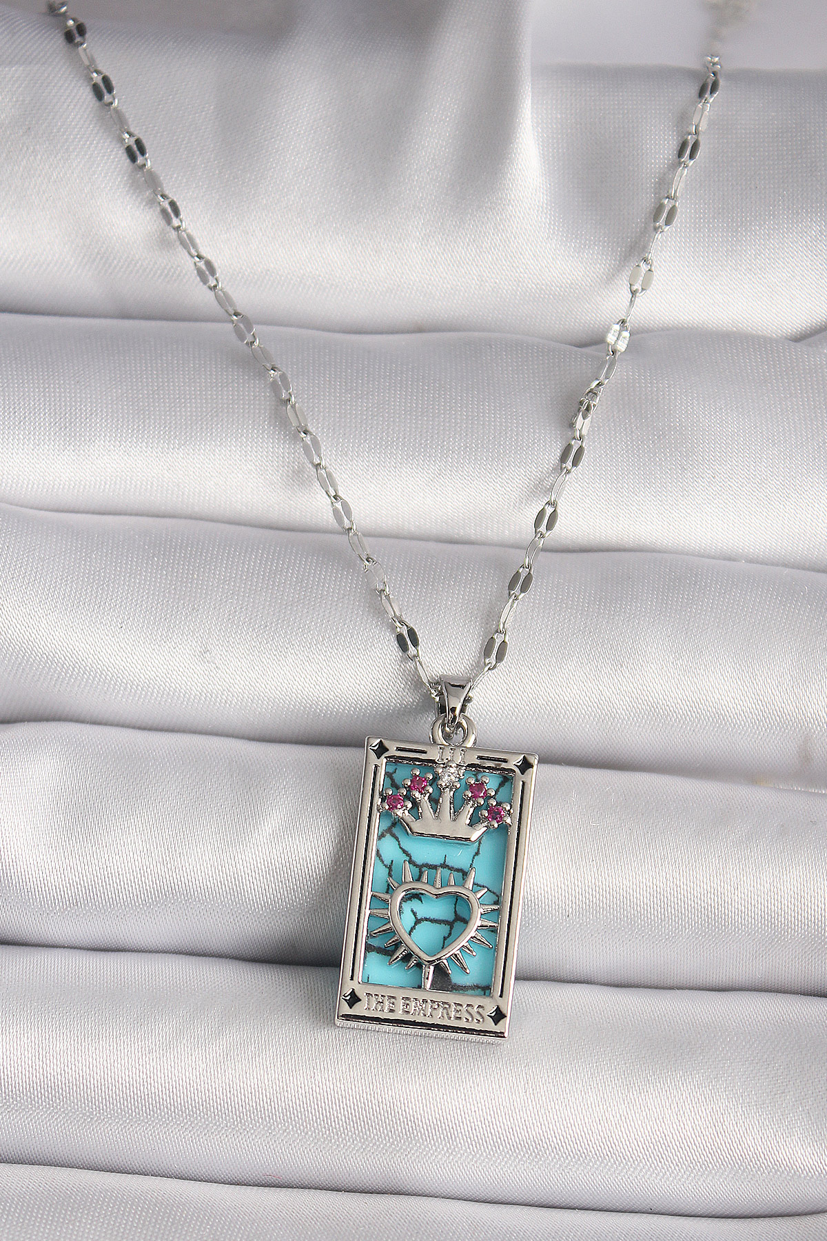 316L Çelik Gümüş Renk Pembe Zirkon Taşlı Taç Kalp Portre Model Kadın Kole