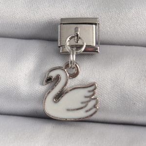 316L Çelik Gümüş Renk Sallantı Beyaz Kuğu Model Nomination Charm