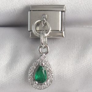 316L Çelik Gümüş Renk Sallantı Yeşil Zirkon Taşlı Damla Model Nomination Charm
