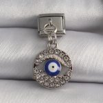 316L Çelik Gümüş Renk Sallantı Zirkon Taşlı Göz Model Nazar Boncuk Detay Nomination Charm