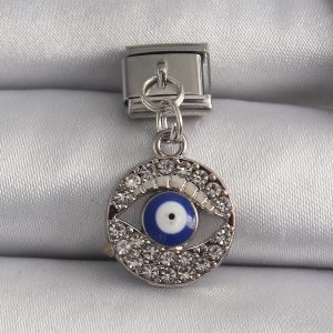 316L Çelik Gümüş Renk Sallantı Zirkon Taşlı Göz Model Nazar Boncuk Detay Nomination Charm
