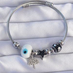 316L Çelik Gümüş Renk Siyah Zirkon Taşlı Yıldız Tasarımlı Ağaç Detay Nazarlı Charm Bileklik