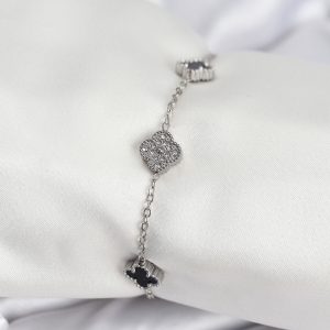 316L Çelik Gümüş Renk Siyah ve Zirkon Taşlı Baby Boy Yonca Kadın Bileklik