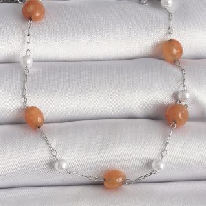 316L Çelik Gümüş Renk Turuncu Doğaltaş Model İnci Detay Kadın Bileklik