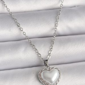 316L Çelik Gümüş Renk Zincir 3D İnci Kalp Model Kadın Kolye