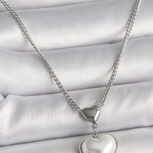 316L Çelik Gümüş Renk Zincir 3D Kalp Model Kadın Kolye