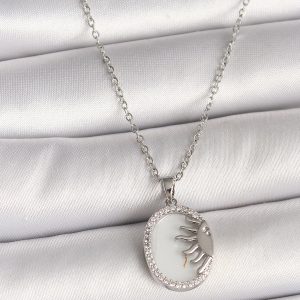 316L Çelik Gümüş Renk Zincir Beyaz Mineli Gün Batımı Model Zirkon Taş Detaylı Kadın Kolye