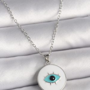 316L Çelik Gümüş Renk Zincir Beyaz Mineli Turkuaz Göz İşleme Model Kadın Kolye