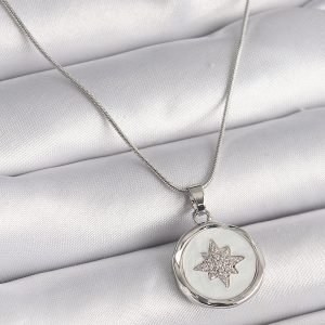316L Çelik Gümüş Renk Zincir Beyaz Sedefli Zirkon Taşlı Yıldız İşleme Model Kadın Kolye