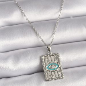 316L Çelik Gümüş Renk Zincir Göz İşlemeli Madalyon Model Kadın Kolye