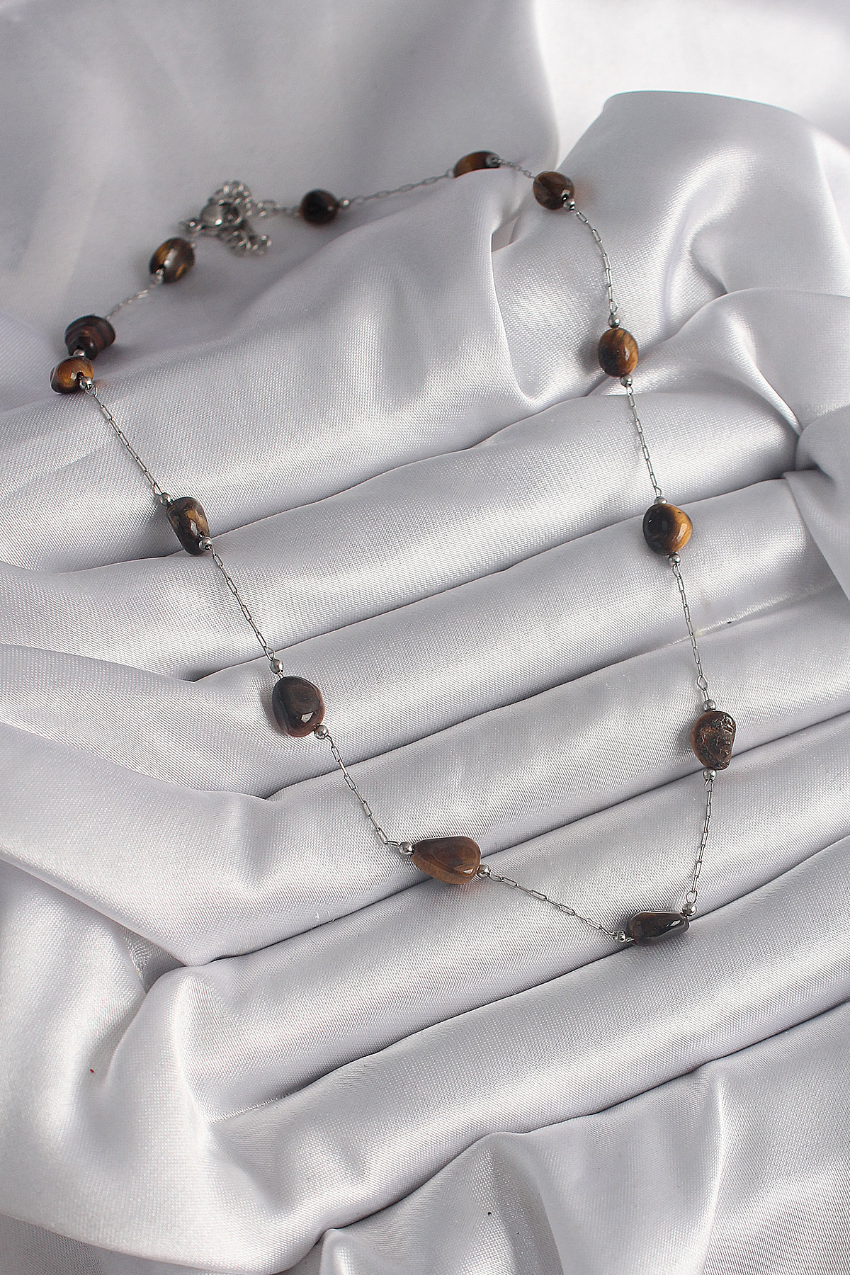 316L Çelik Gümüş Renk Zincir Kahverengi Doğaltaş Model Kadın Kolye