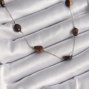 316L Çelik Gümüş Renk Zincir Kahverengi Doğaltaş Model Kadın Kolye