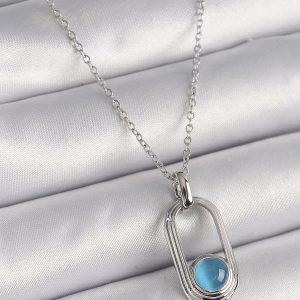 316L Çelik Gümüş Renk Zincir Mavi Kedi Göz Model Kadın Kolye