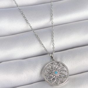 316L Çelik Gümüş Renk Zincir Mavi Taşlı Lotus Model Kadın Kolye