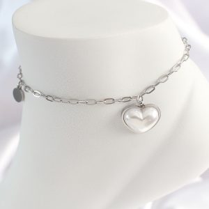 316L Çelik Gümüş Renk Zincir Model 3D Kalp Beyaz Kalp Figür Kadın HalHal