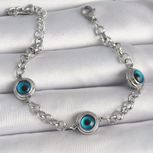 316L Çelik Gümüş Renk Zincir Model Nazar Boncuklu Kadın Bileklik